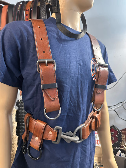 MAHOGANY LEATHER BUNKER GEAR SUSPENDERS & MAHOGANY TRUCK/BUNKER BELT