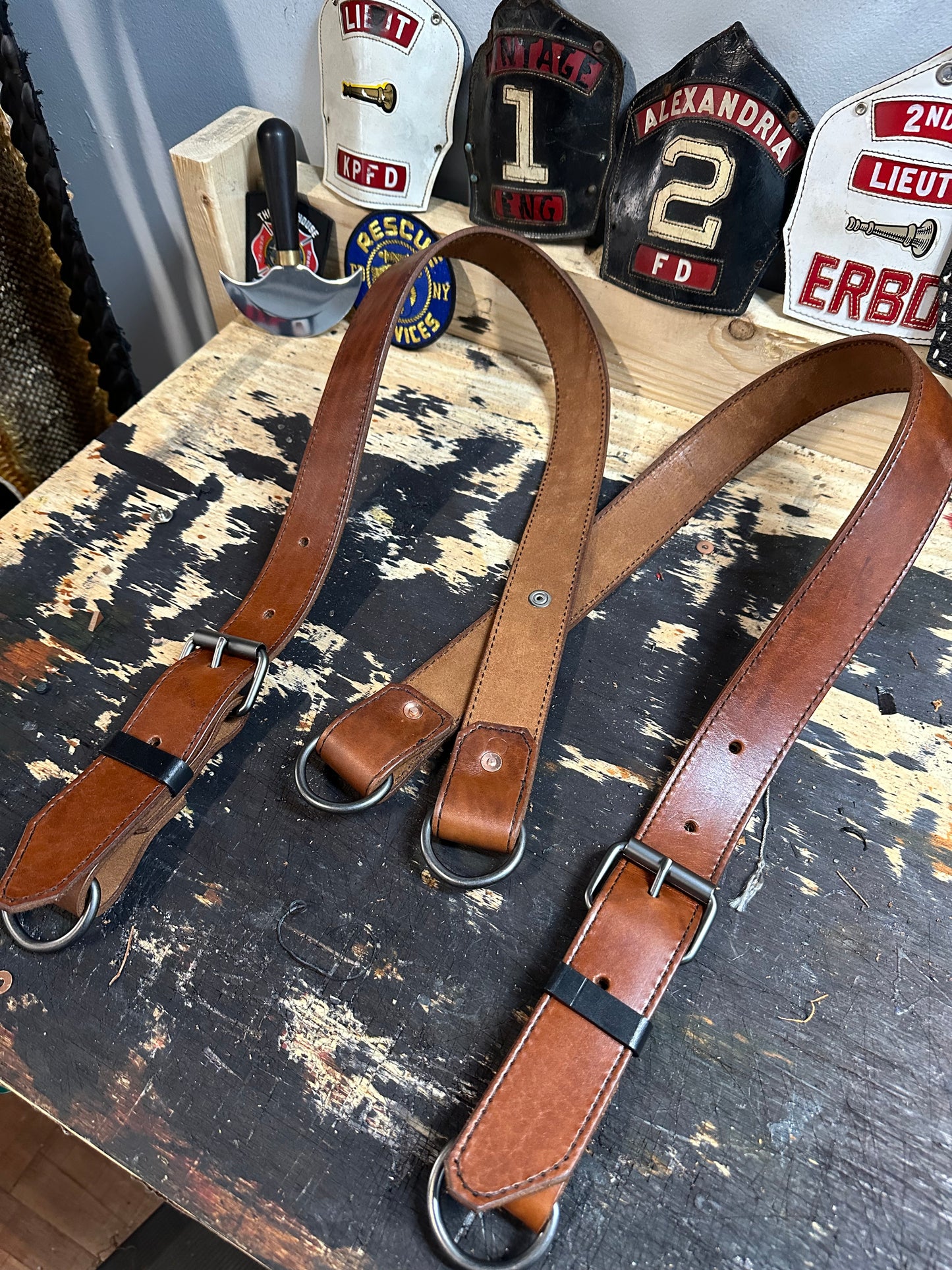 MAHOGANY LEATHER BUNKER GEAR SUSPENDERS & MAHOGANY TRUCK/BUNKER BELT