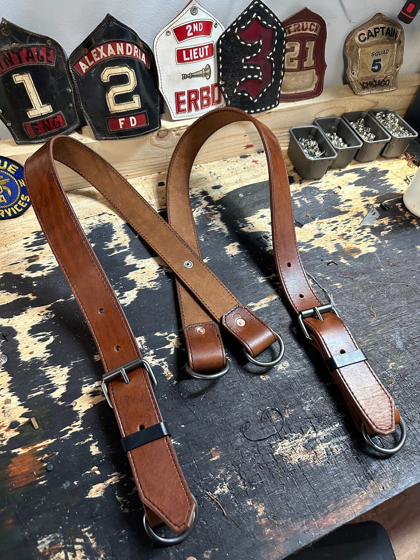 MAHOGANY LEATHER BUNKER GEAR SUSPENDERS & MAHOGANY TRUCK/BUNKER BELT