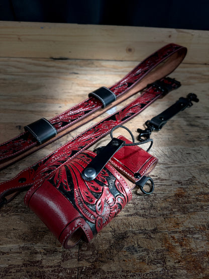 Red & Black Tooled Custom Radio Strap Set