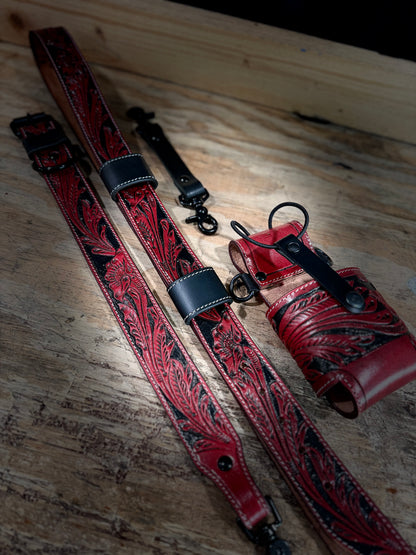 Red & Black Tooled Custom Radio Strap Set