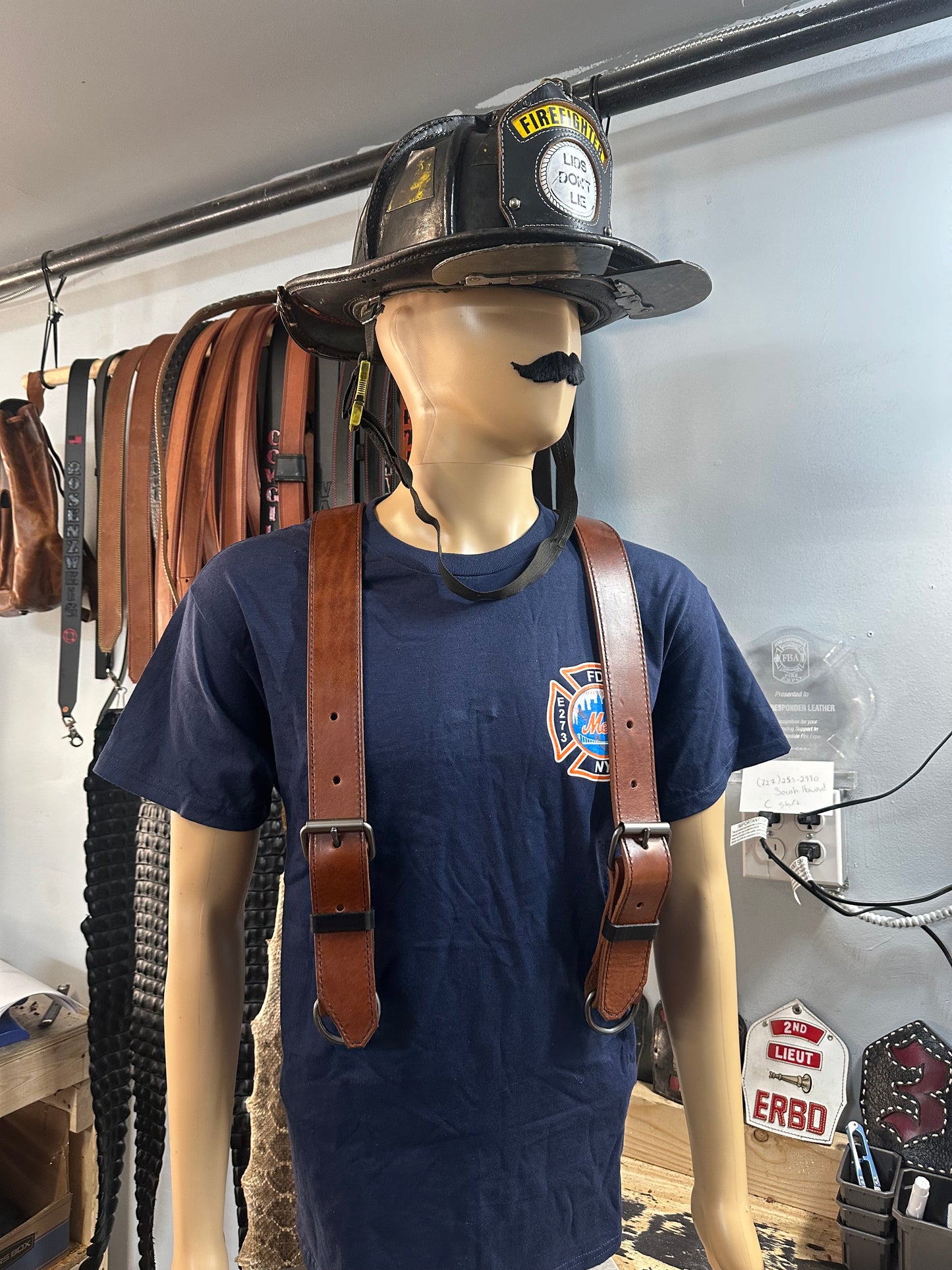 MAHOGANY LEATHER BUNKER GEAR SUSPENDERS & MAHOGANY TRUCK/BUNKER BELT