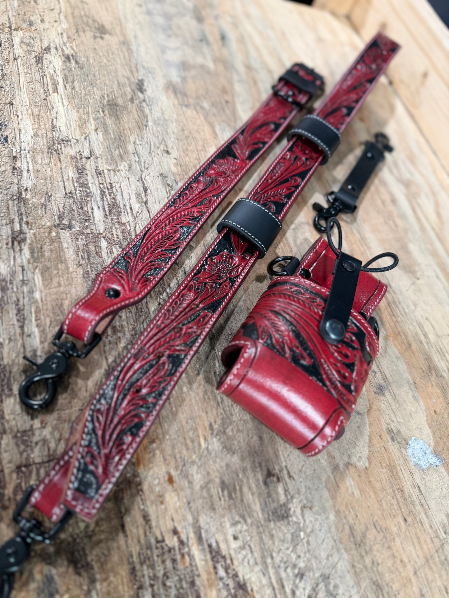 Red & Black Tooled Custom Radio Strap Set