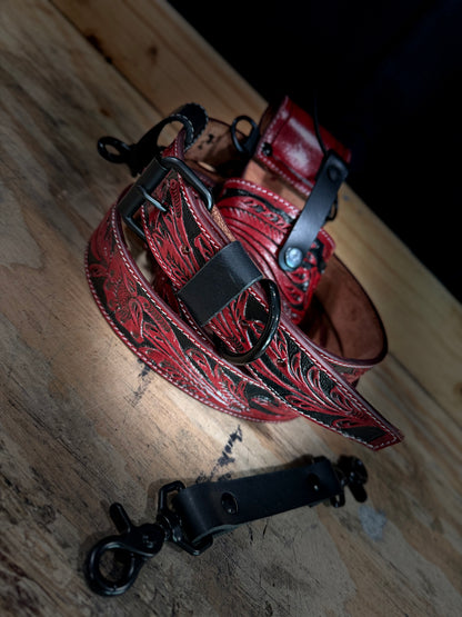 Red & Black Tooled Custom Radio Strap Set