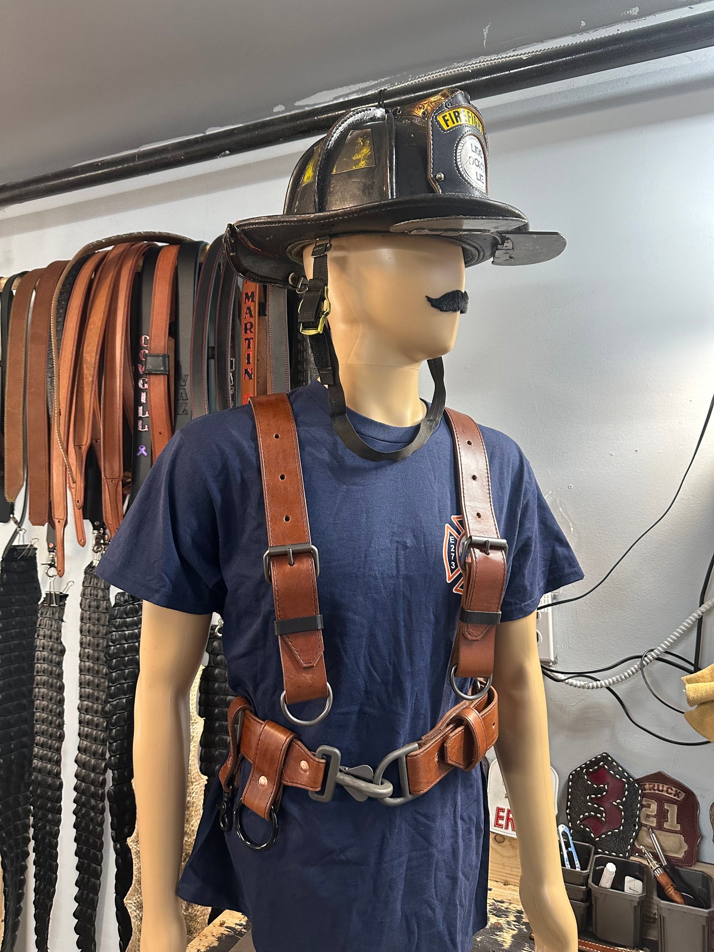 MAHOGANY LEATHER BUNKER GEAR SUSPENDERS & MAHOGANY TRUCK/BUNKER BELT